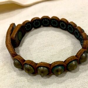 8” Adjustable Leather Brass Studded Bracelet Vintage Boho Safari Neutral womens